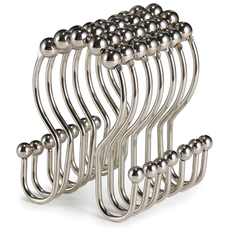 Goowin Shower Curtain Hooks, 12 Pcs Shower Curtain Rings, Stainless Steel Brush Nickel Shower Curtain Hooks Rings Rust Proof, Smooth Sliding Anti-Drop Double Shower Hooks for Shower Curtain (Nickel) - Image 1